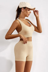 Khaki Ribbed Hollow-out Racerback Yoga Camisole