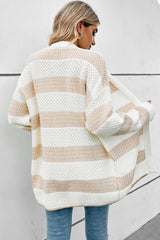 Beige Textured Stripe Pattern Drop Shoulder Duster Cardigan