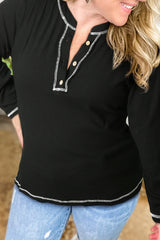 Black Plus Size Contrasting Topstitch Ribbed Henley Top