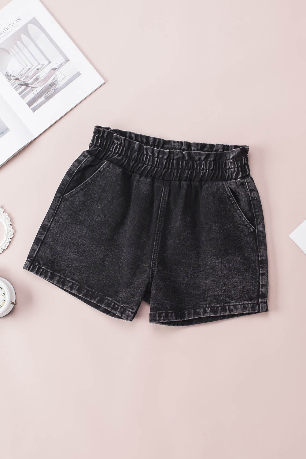 Black Retro Bleach-washed Ruffled Elastic High Waist Denim Shorts