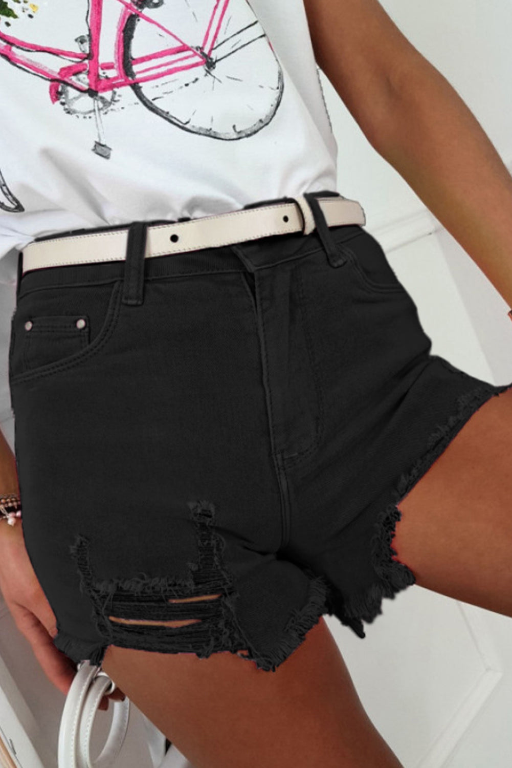 Rose Solid Color Distressed Denim Shorts