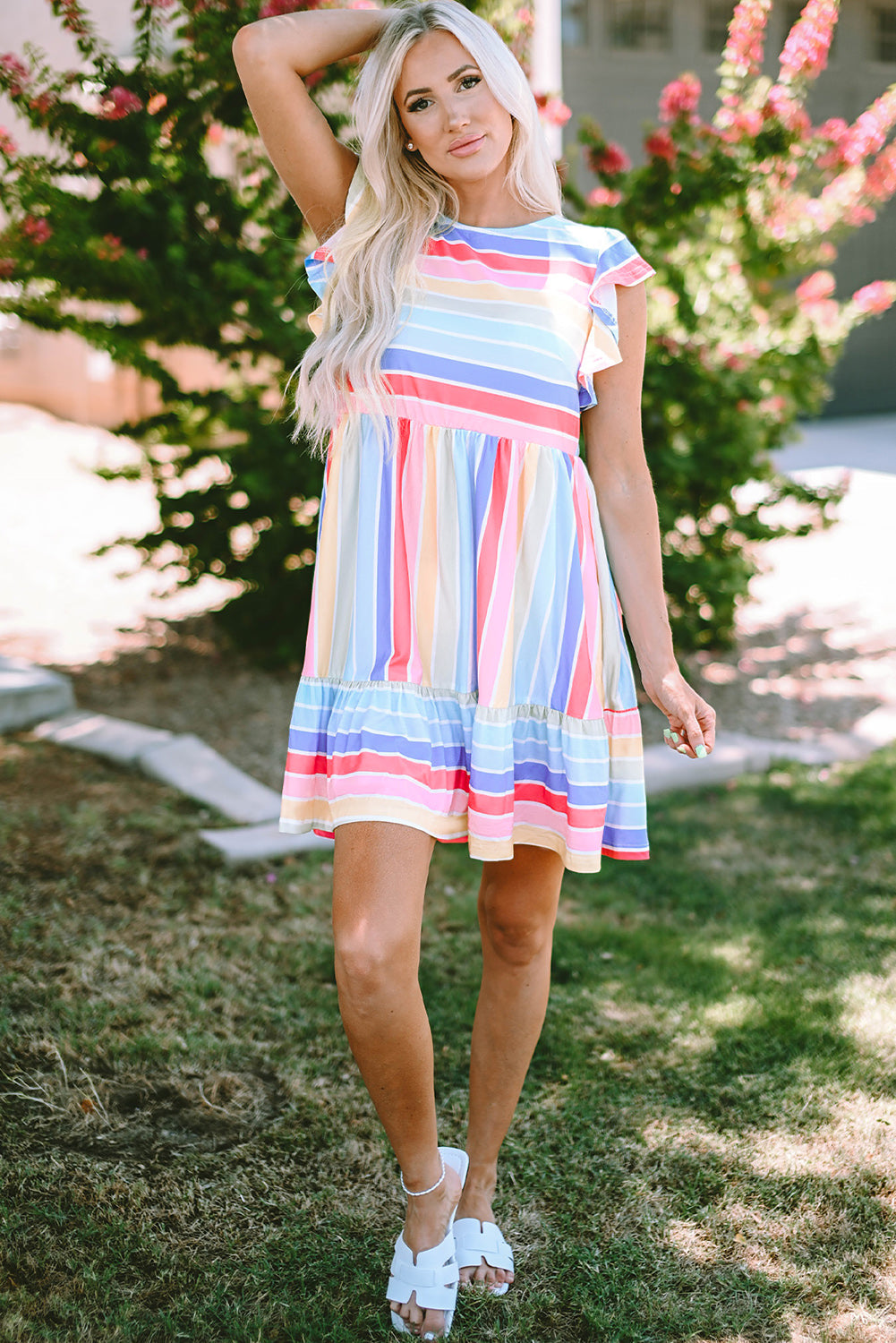 Multicolor Striped Ruffle Flared Babydoll Dress