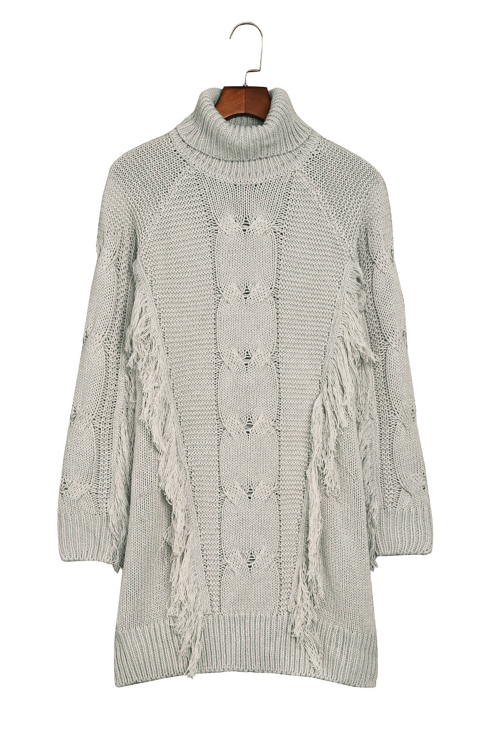 Gray Twist Fringe Casual High Neck Sweater Dress