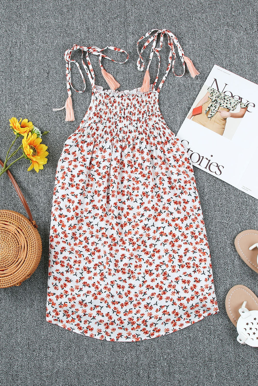 Floral Print Tassel Drawstring Lace-up Tank Top