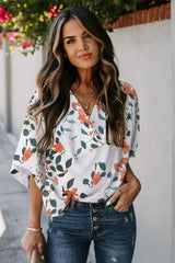 White Floral Print Drape V Neck Short Sleeve Blouse