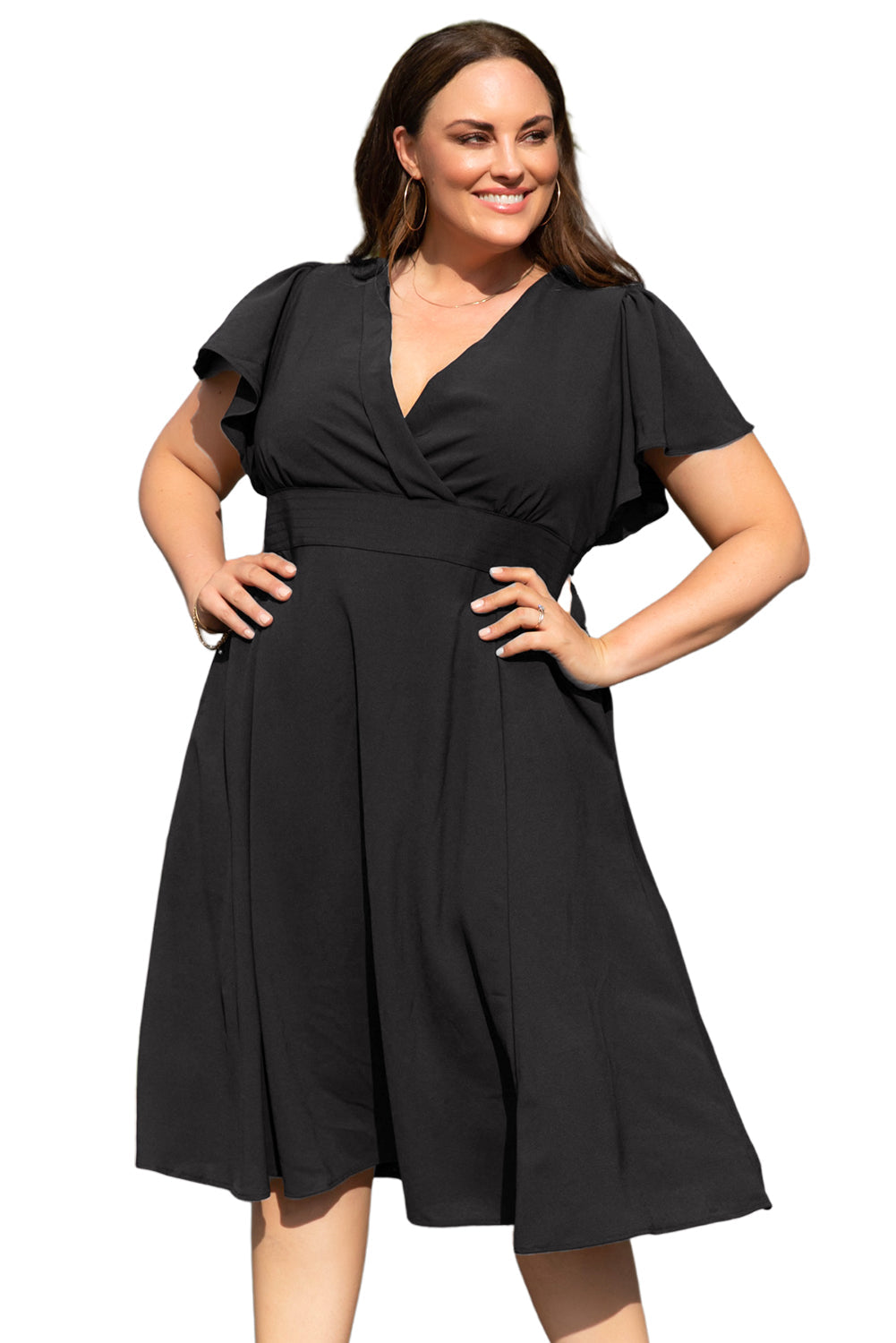 Black Plus Size Flutter Sleeve V Neck Midi Dress