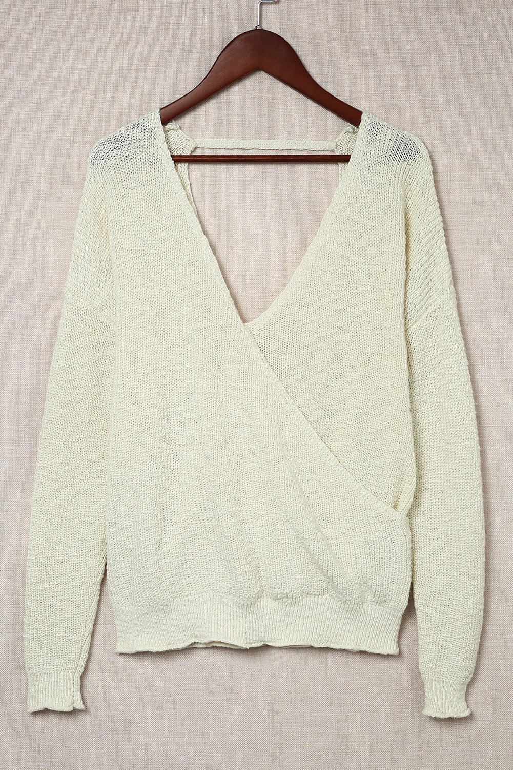 Beige V Neck Wrap Backless Knit Sweater