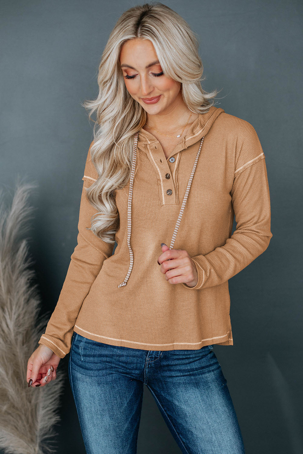 Khaki Seamed Drop Shoulder Waffle Knit Henley Hooded Top