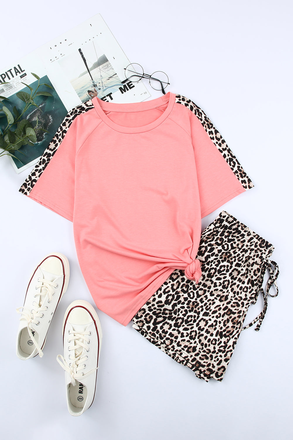 Leopard Plus Size Short Sleeve and Shorts Lounge Set