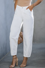 White Solid High Waist Casual Pants