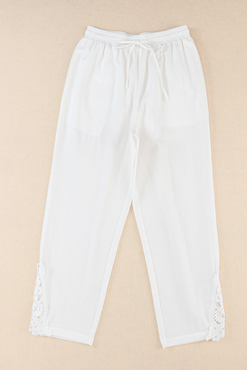 White Lace Splicing Drawstring Casual Cotton Pants