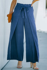 Blue Wrap Wide Leg Pants with Tie