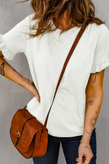 White Solid Ruffled Short Sleeve T-shirt