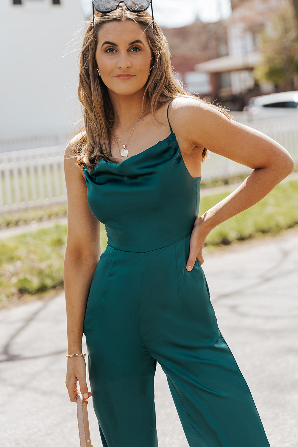 Green Spaghetti Straps Cowl Neck Satin Jumpsuit