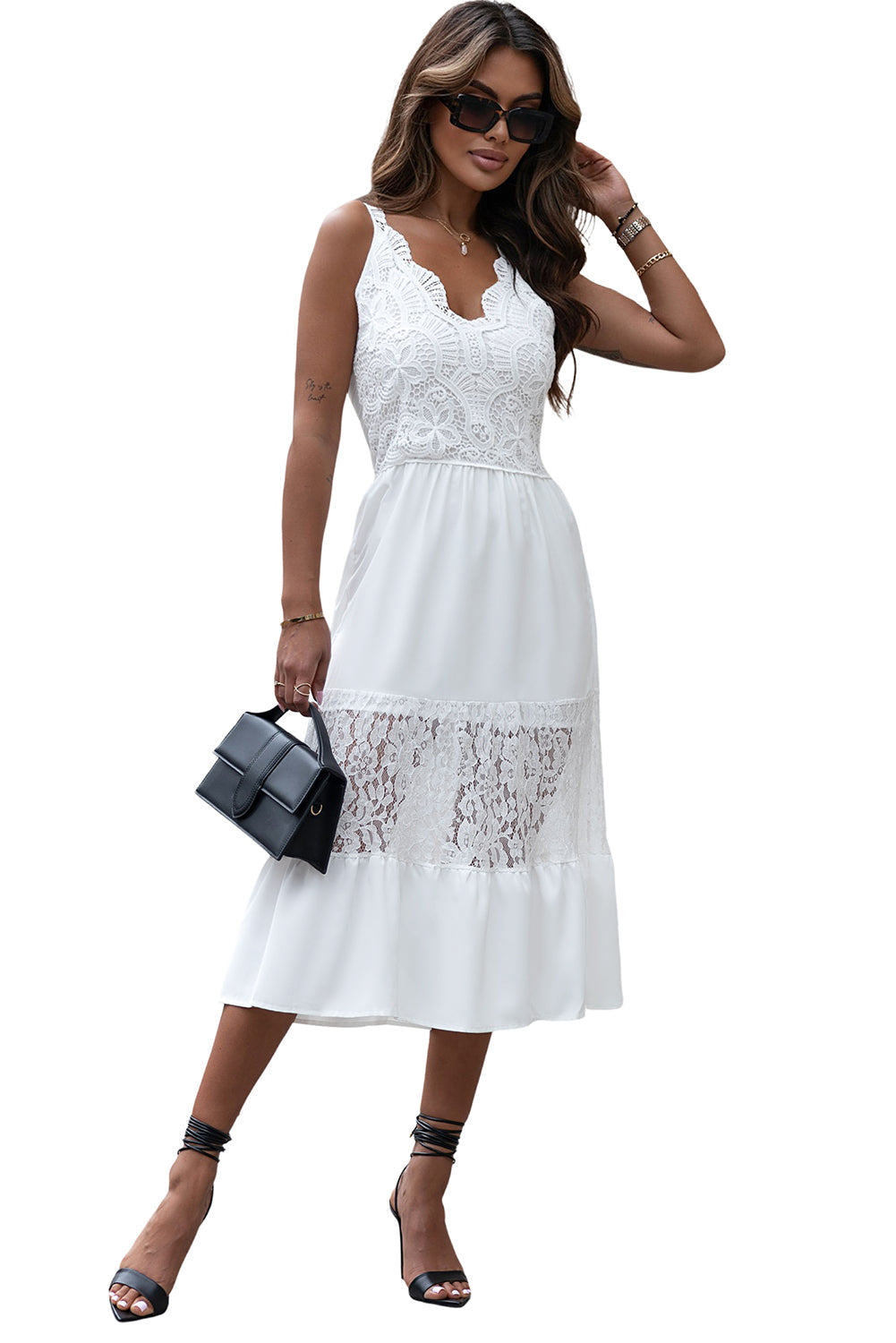 White Lace Crochet Patchwork Sleeveless Long Dress