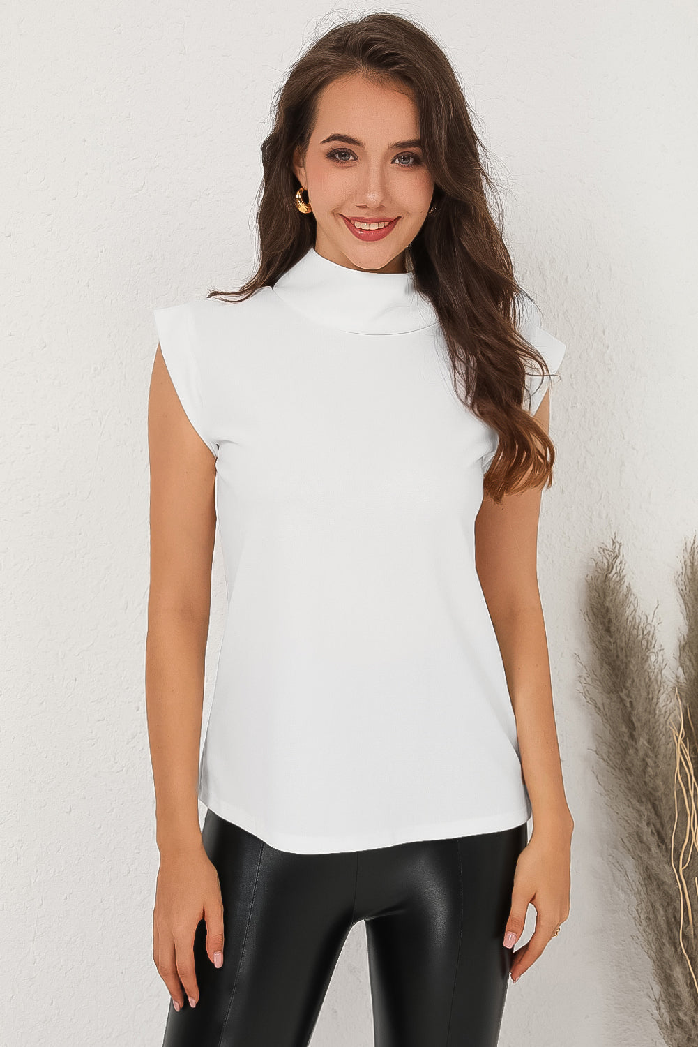 White Solid Color Mock Neck Sleeveless Top