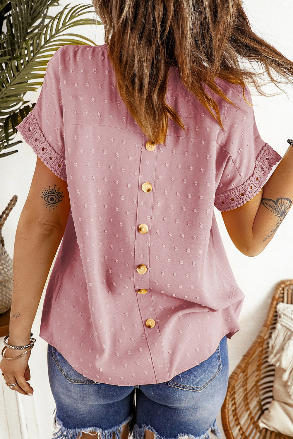 Apricot Swiss Dot Lace Splicing Short Sleeve Top