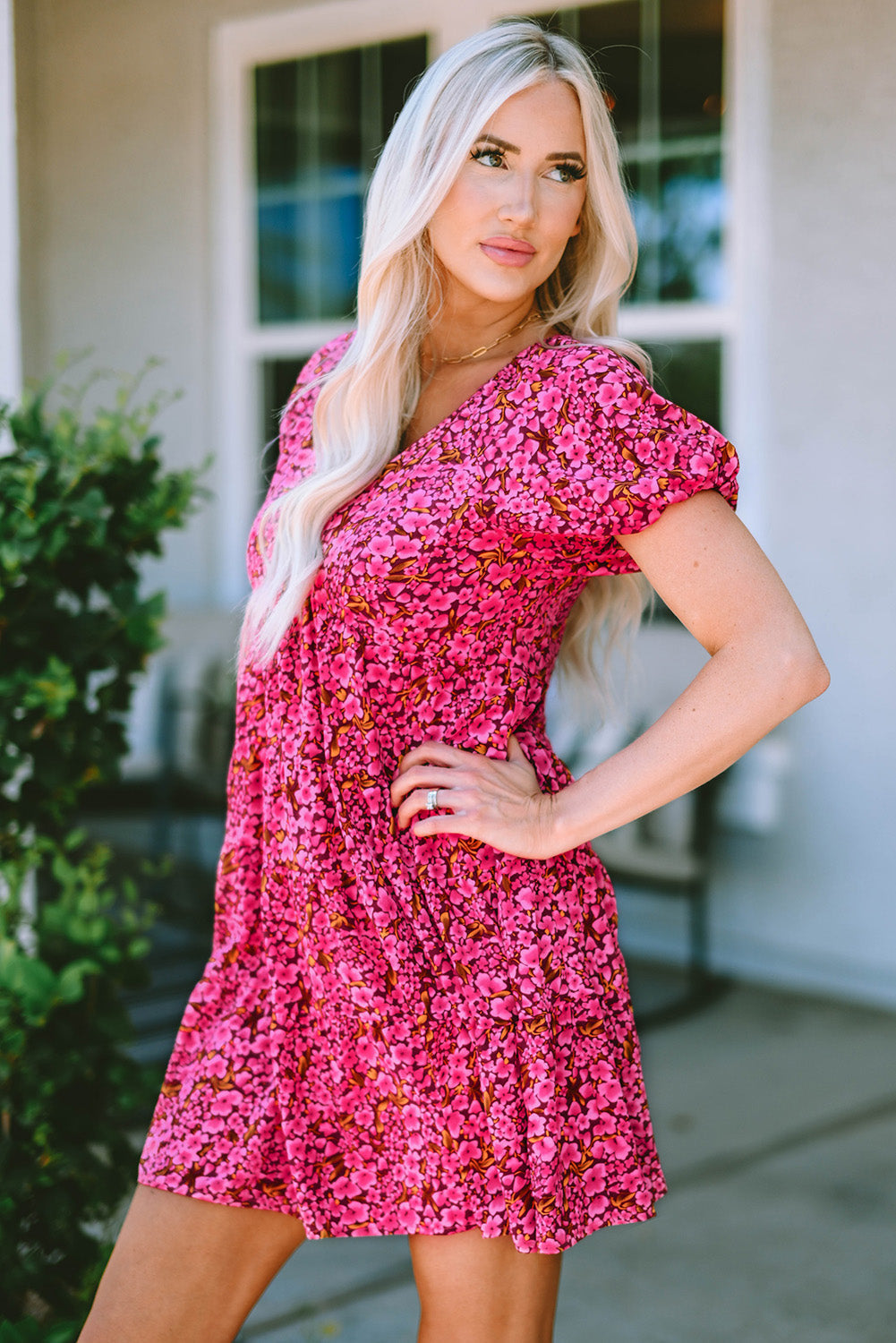 Khaki Floral Print Tiered Flutter Sleeve V Neck Top