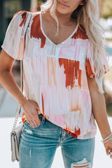 Multicolor Color Block Ruffled Short Sleeve V Neck T-shirt