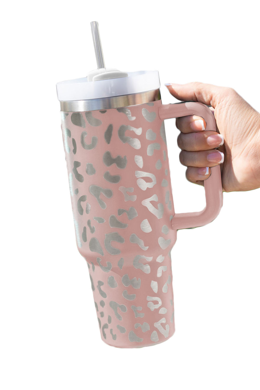 White Leopard Print 40OZ Stainless Steel Portable Cup with Handle