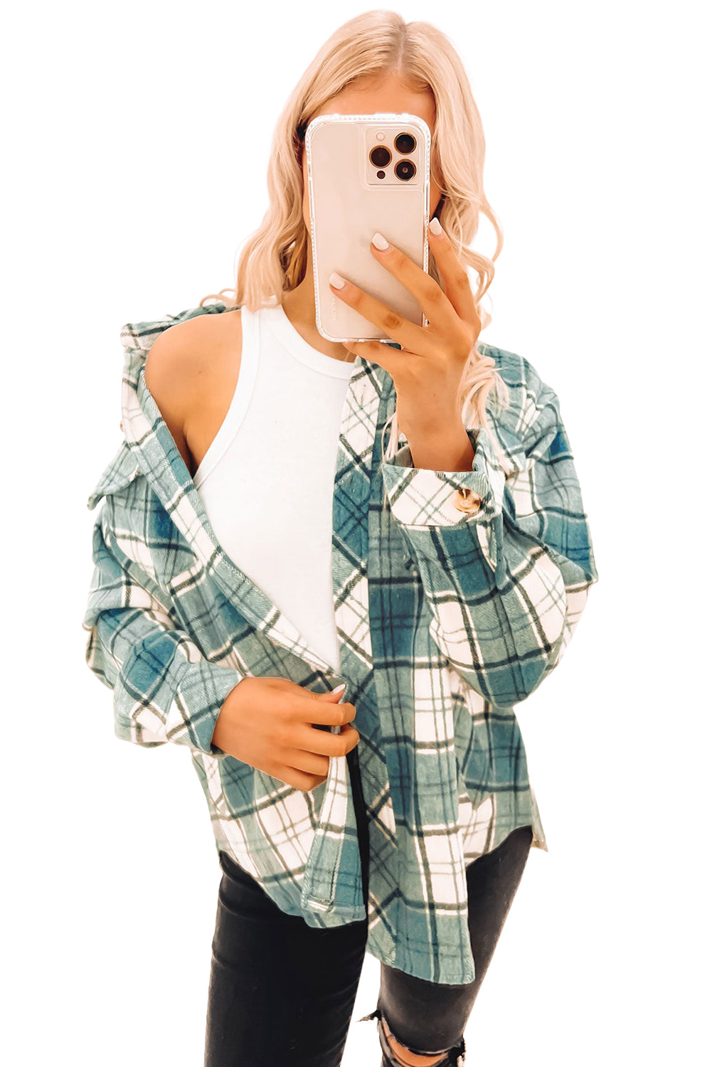 Green Plaid Pattern Flap Pockets Shirt Jacket