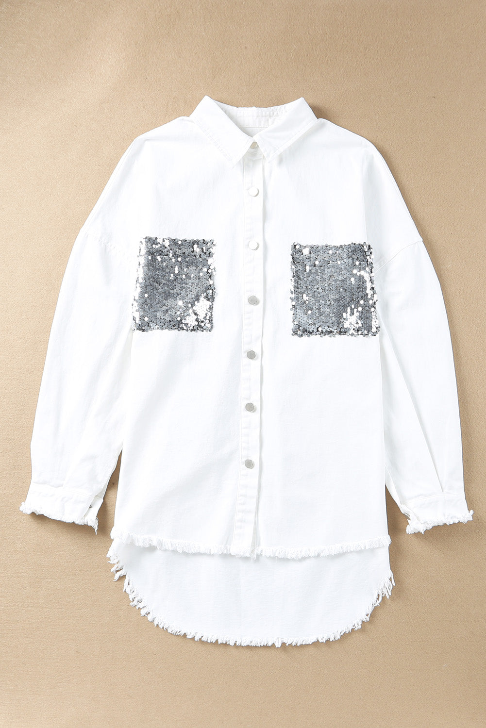White Sequin Pockets BF Distressed Shacket