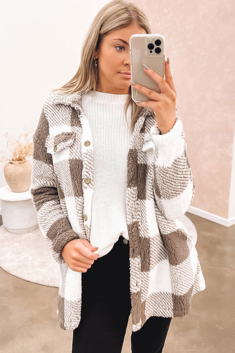 Brown Fuzzy Plaid Flap Button Up Midi Coat
