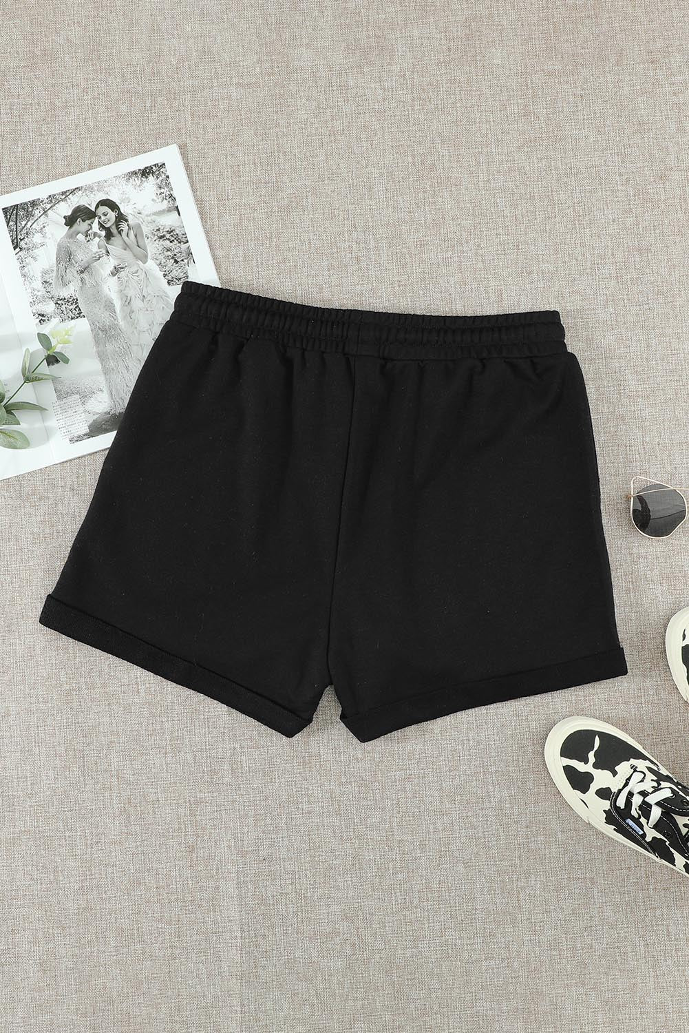 Green Tie Waist Side Pockets Cuffed Lounge Shorts