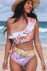 Purple Floral Printed Asymmetric Cutout Ruffle One Piece Swimsuit