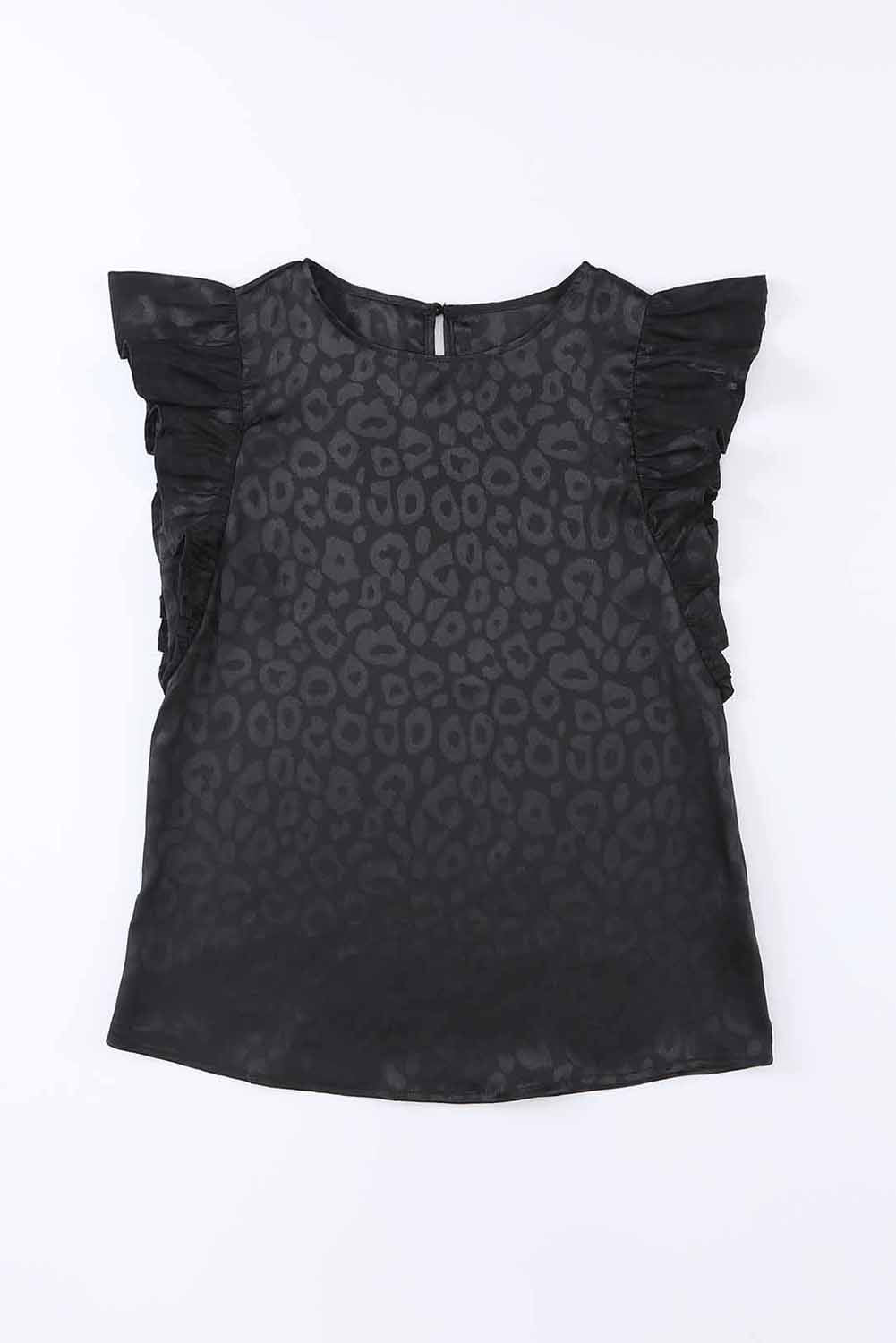 Black Satin Leopard Print Ruffle Tank Top