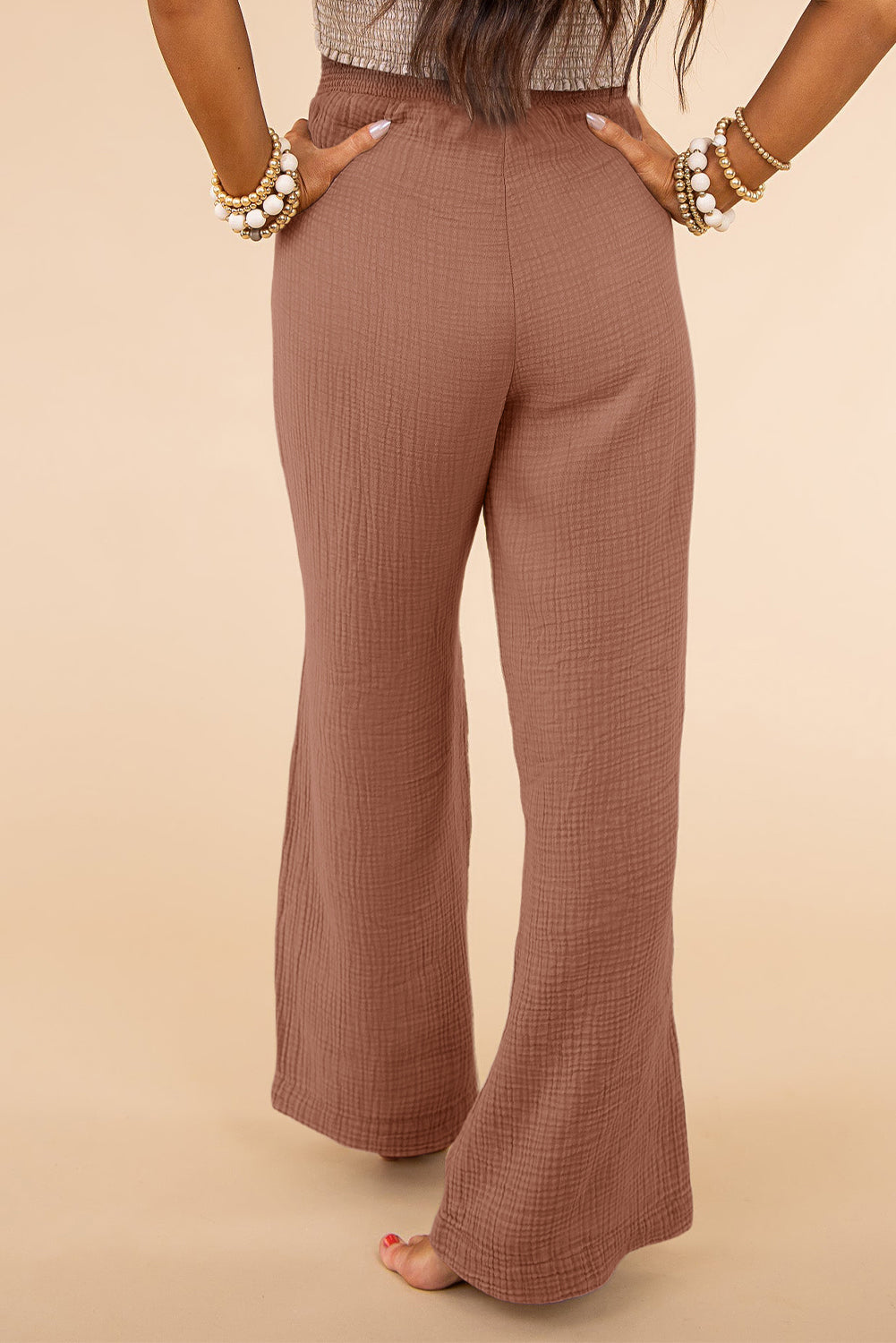 Black Smocked Wide Waistband High Waist Wide Leg Pants