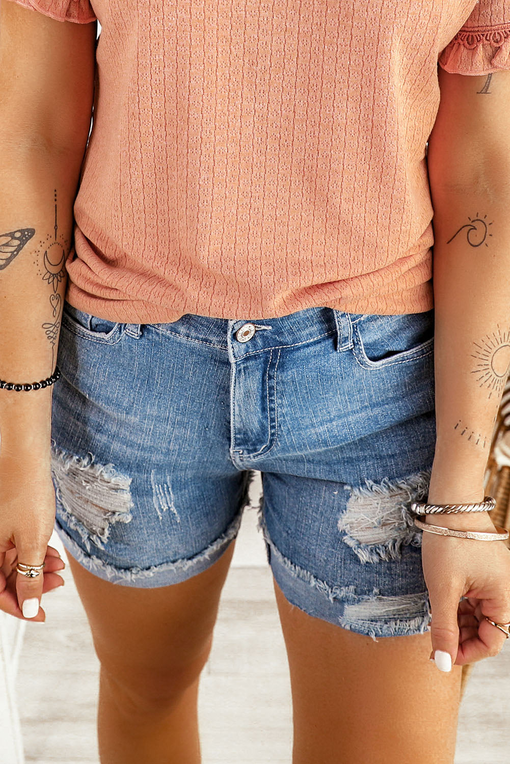 Distressed Ripped Rolled Hem Blue Denim Shorts