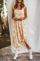 White Ruffle Shoulder Straps Smocked Bodice Printed Dress
