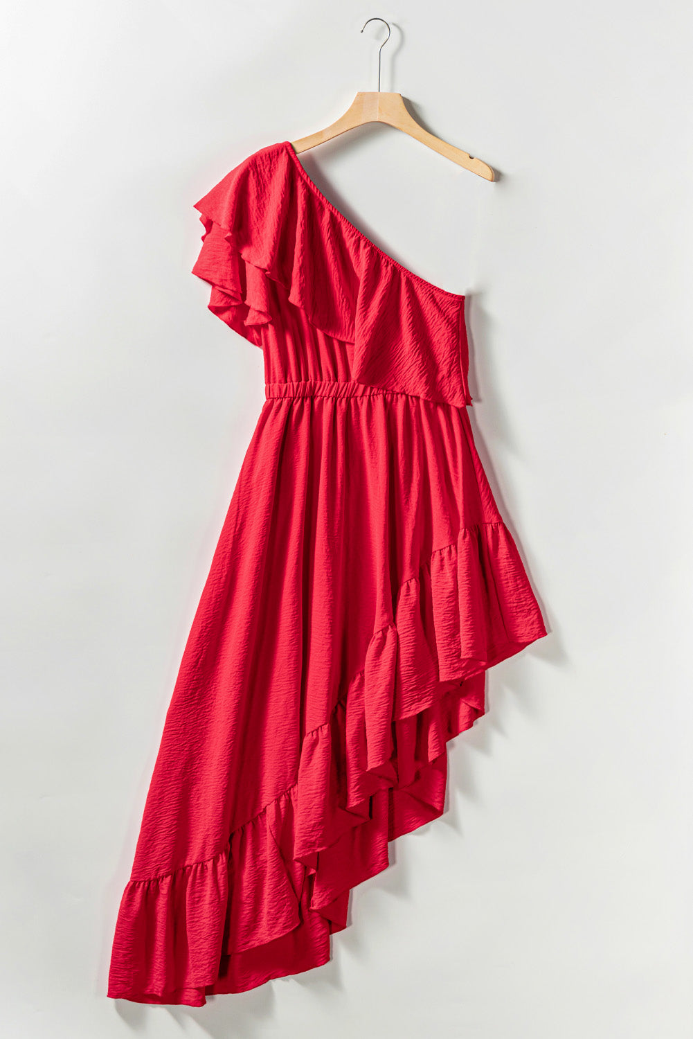 Red One Shoulder Ruffle High Low Maxi Dress