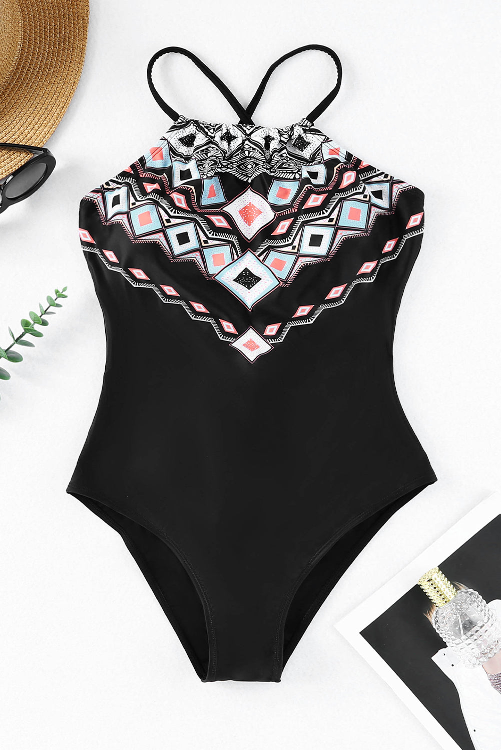 Black Ethnic Geometry Accent One Piece Swimsuit