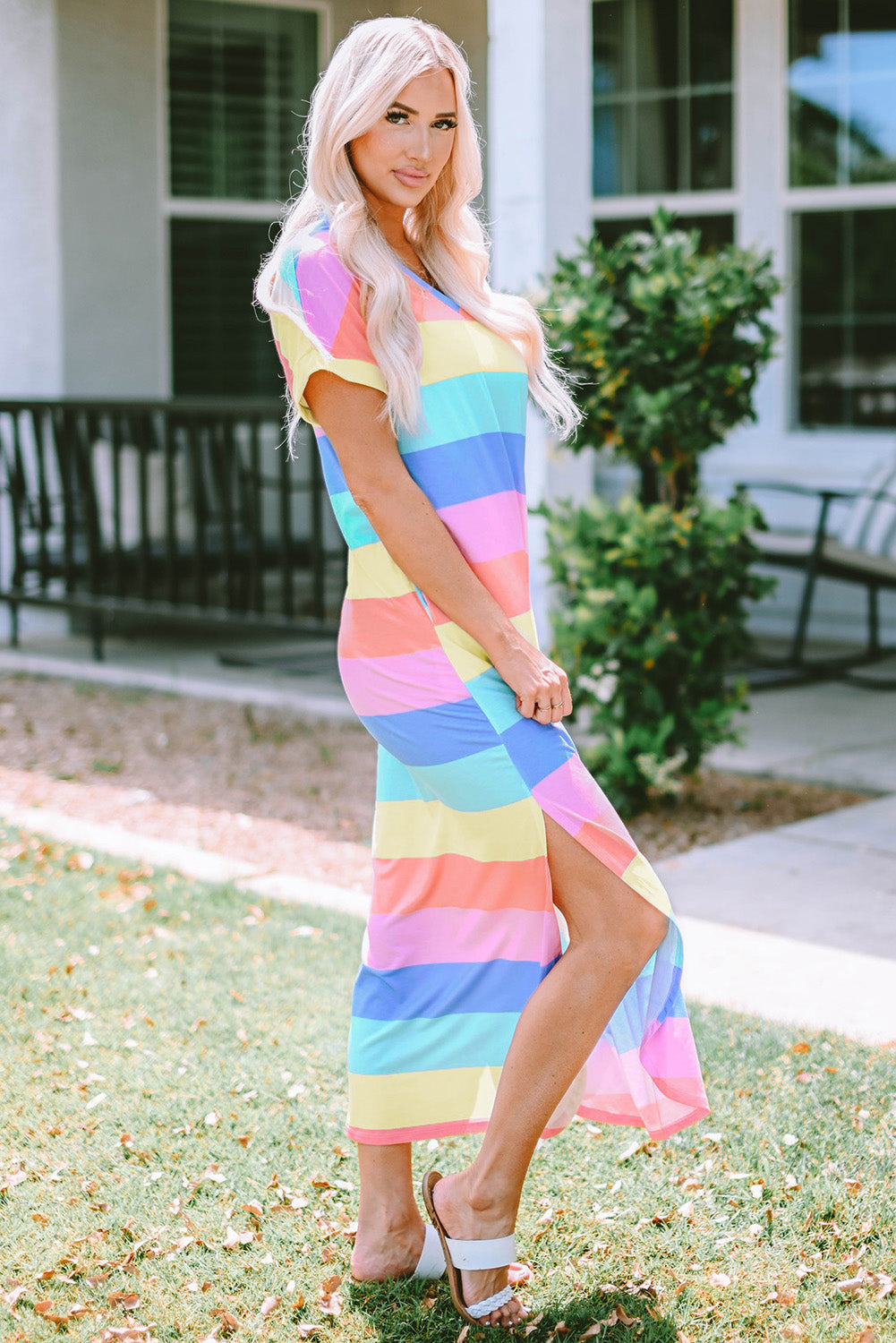 Multicolor Striped Print Tied Shoulder Flowy Tank Top