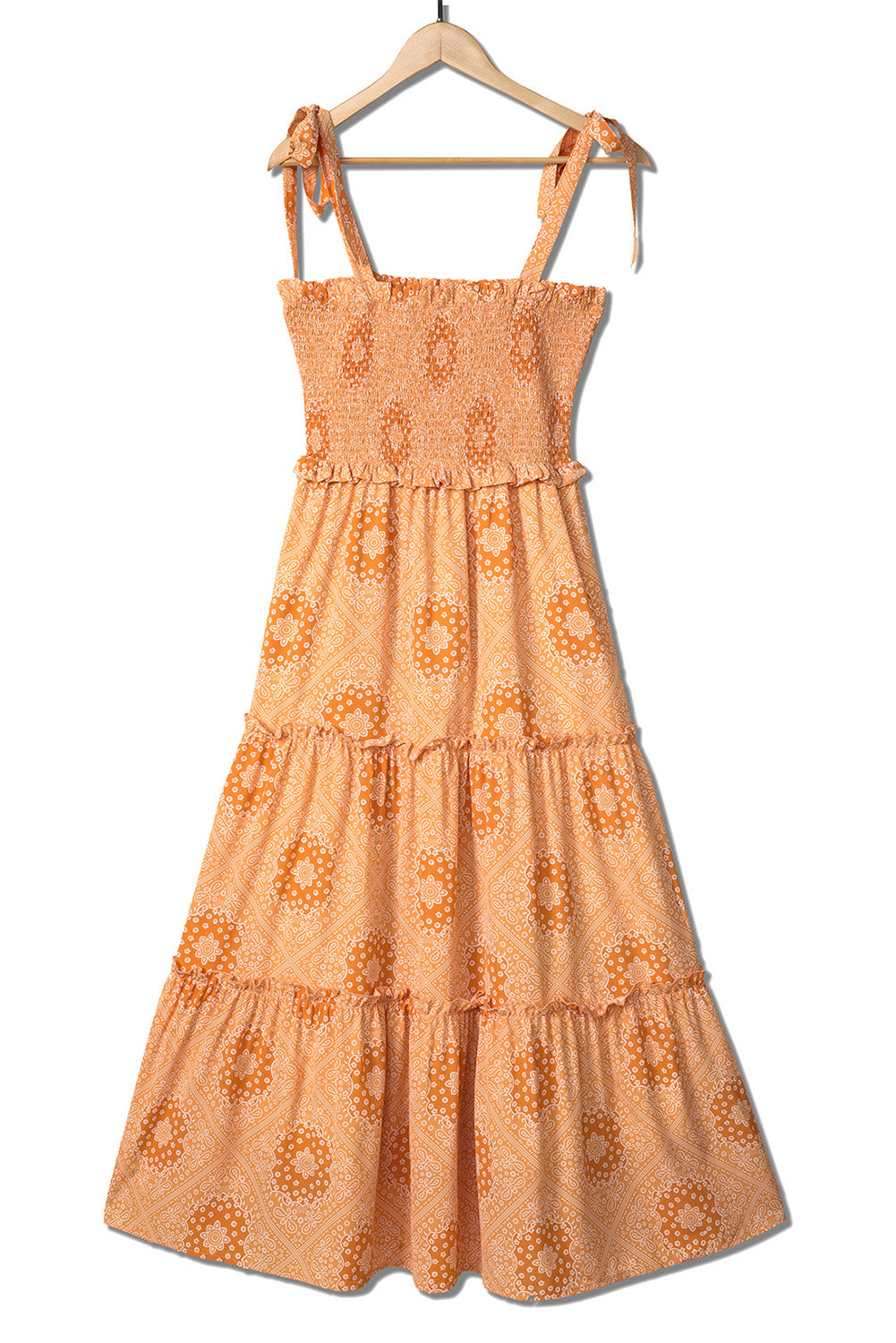 Orange Boho Floral Print Lace-up Straps Tiered Smocked Maxi Dress