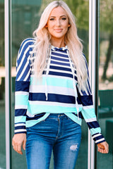 Multi Striped Drawstring Long Sleeve Hoodie