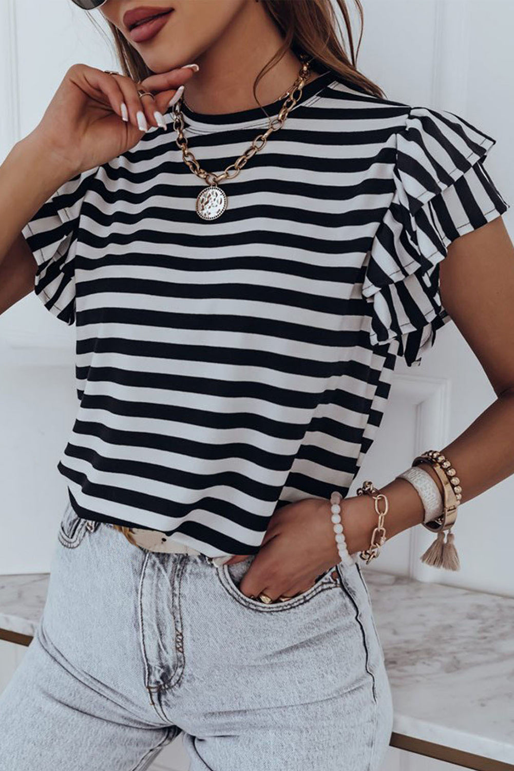 White Stripe Print Tiered Ruffled Sleeve Tee