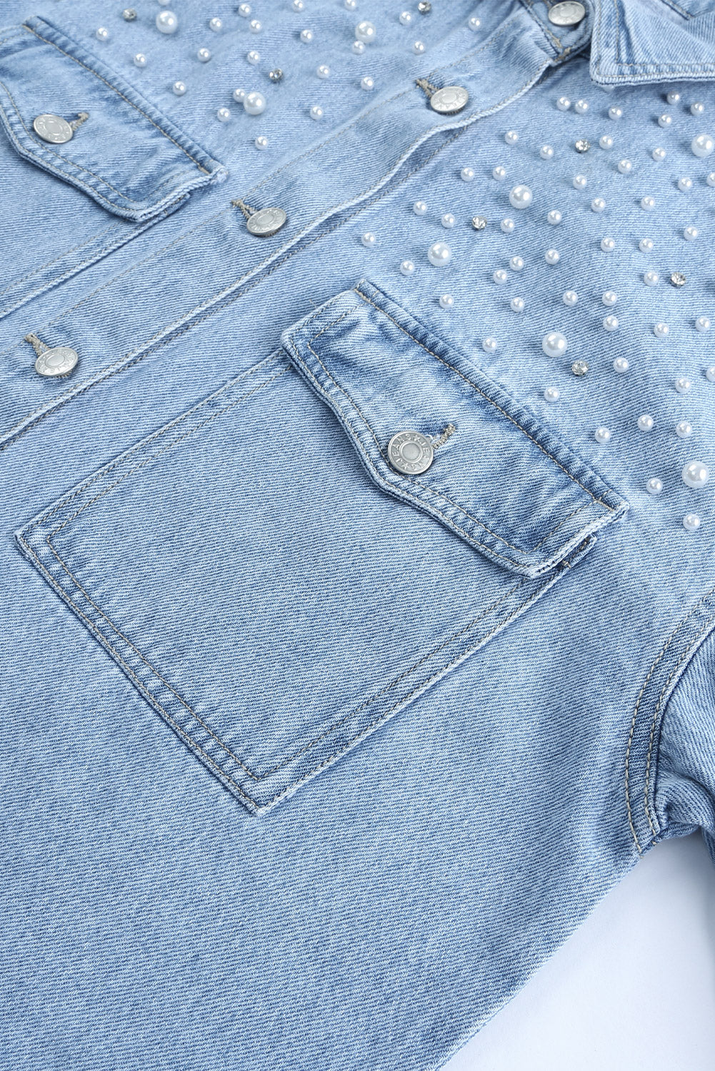 Sky Blue Rhinestone Pearls Denim Shacket