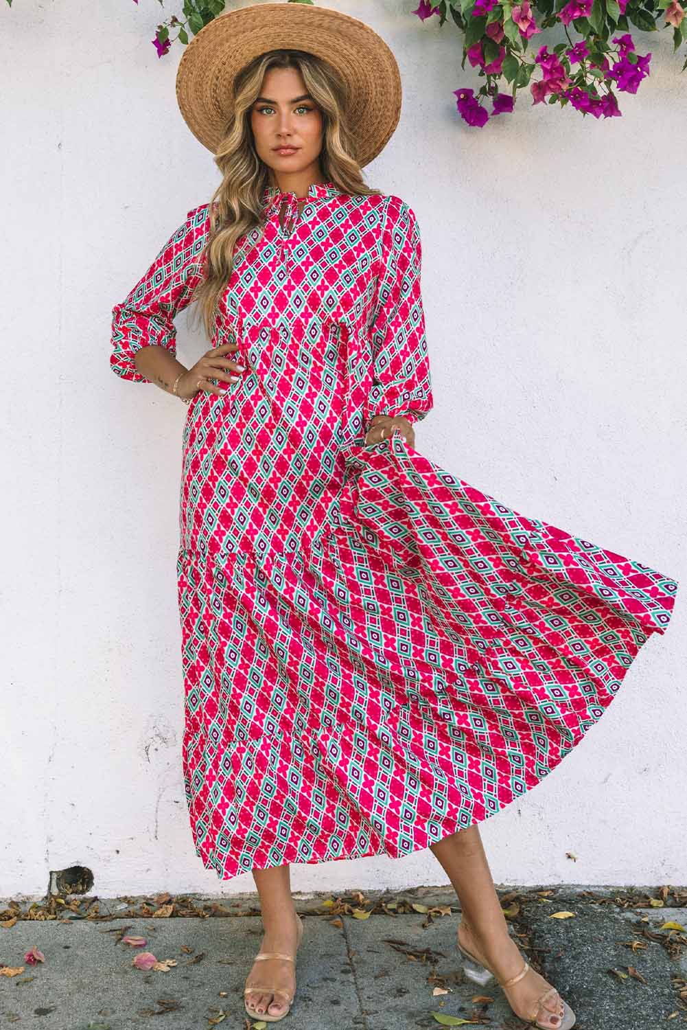Rose Bohemian Geometry Print 3/4 Puff Sleeve Dress