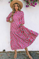 Rose Bohemian Geometry Print 3/4 Puff Sleeve Dress