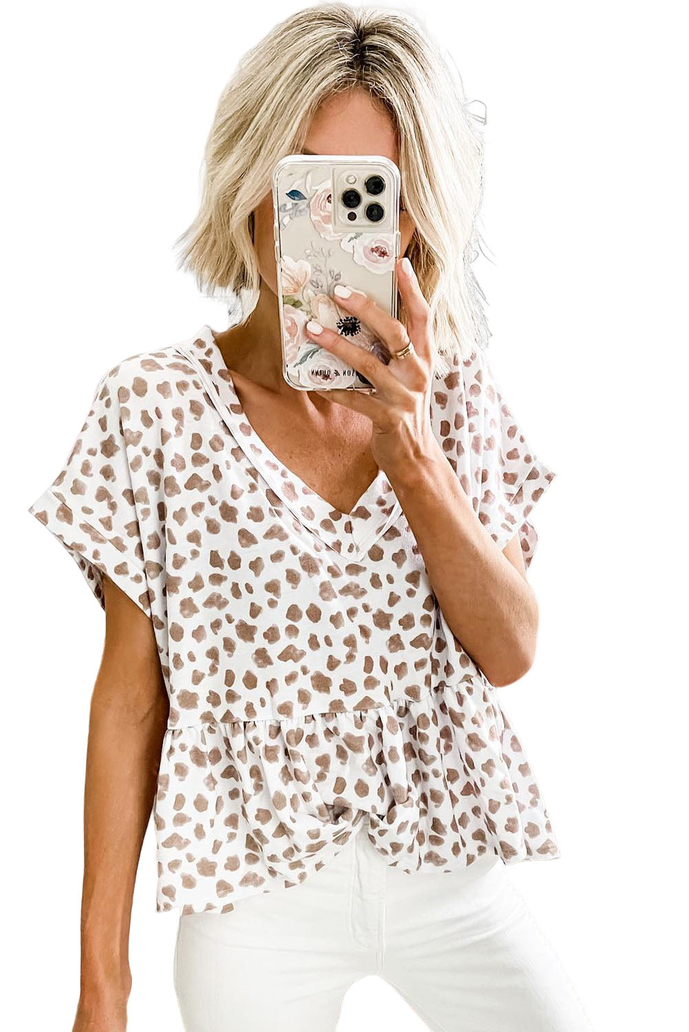 Leopard V Neck Short Sleeve Peplum Top