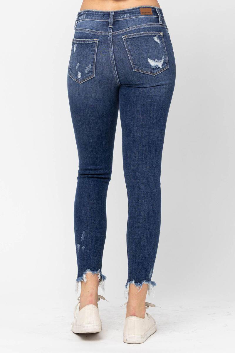 Mid-Rise Raw Hem Destroyed Skinny Jeans