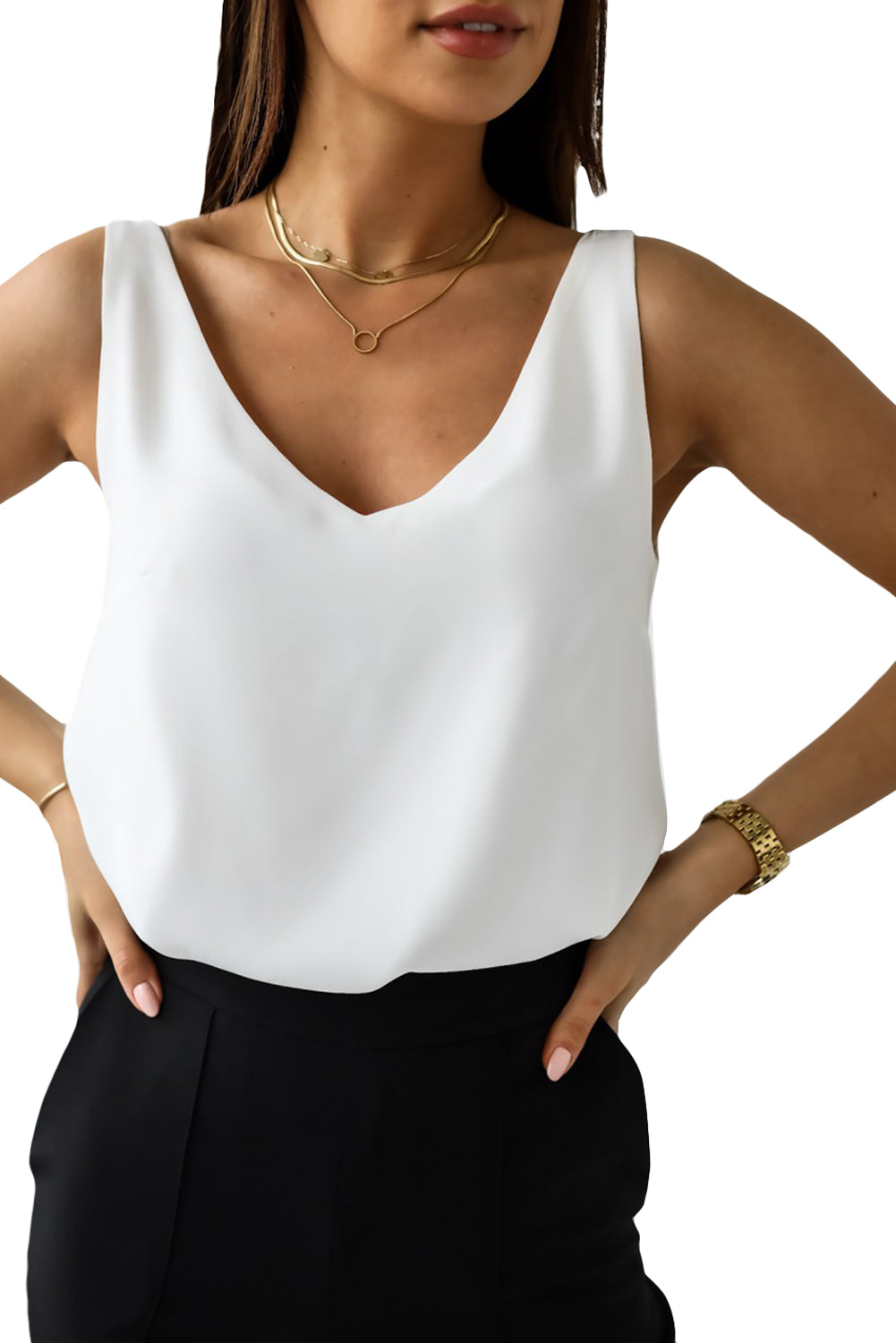 White Deep V Neck Loose Tank Top