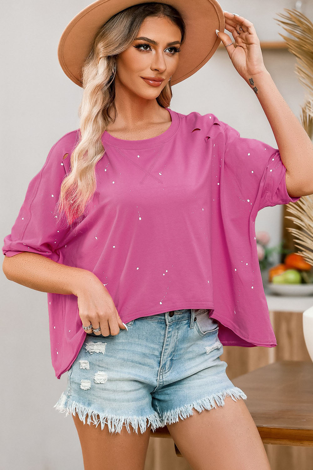 Pink Distressed Bleached Asymmetric Hem Short Sleeve Top