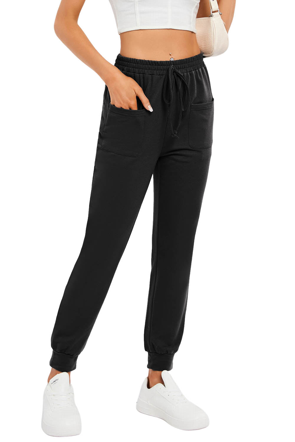 Black Drawstring Waist Front Patch Pockets Jogger Pants