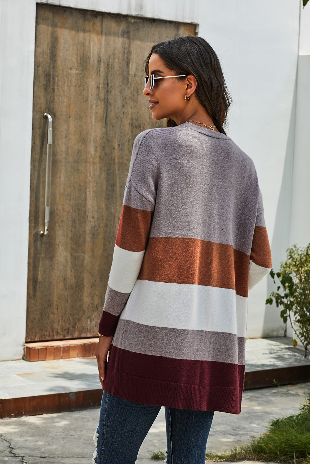 Khaki Open Front Colorblock Cardigan with Pockets