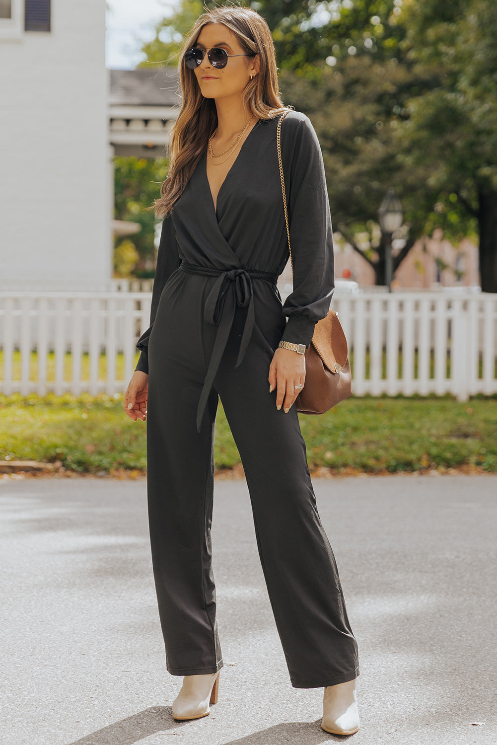 Black V Neck Wrap Waist Tie Long Sleeve Jumpsuit