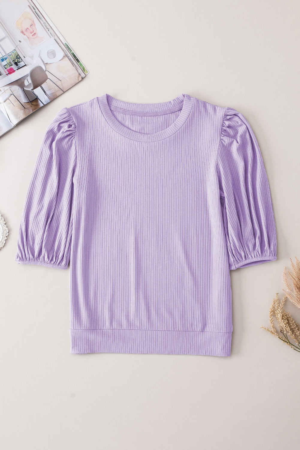 Purple Bubble Half Sleeves Ribbed Knit Top